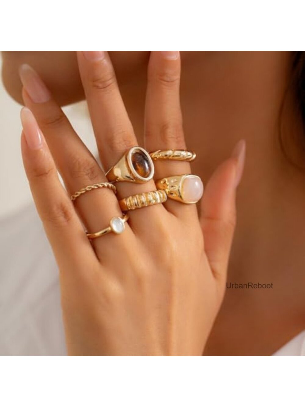 14K Gold Plated Stackable Knuckle Rings Set Chunky Signet Midi Rings - Picture 2 of 6